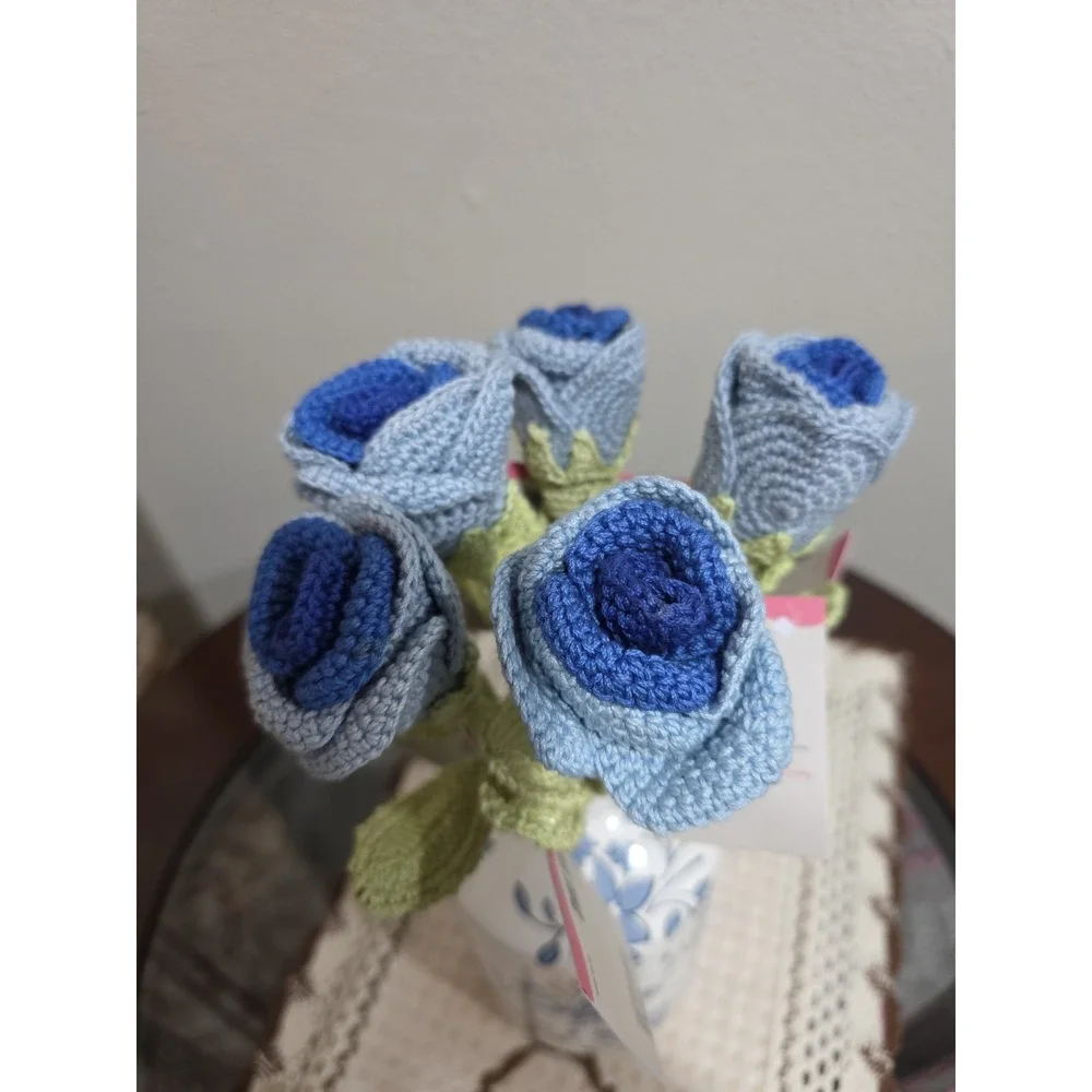 Handmade Crochet Blue Roses – Set of 5 | Knit Floral Bouquet | Home Décor Gift